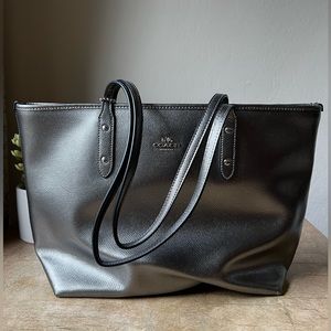 Coach City Metallic Gray Pewter Medium Tote Shoulder Bag